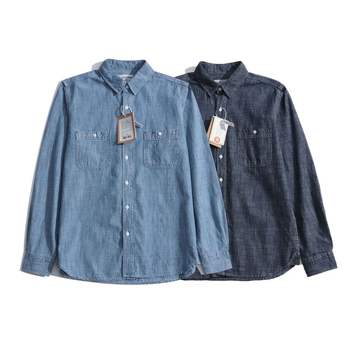 Cămașă denim din bumbac pentru bărbați, mânecă lungă, croială relaxată, subțire, stil retro casual