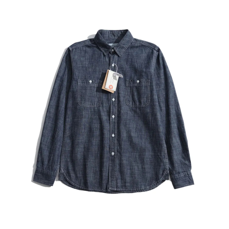 Cămașă denim din bumbac pentru bărbați, mânecă lungă, croială relaxată, subțire, stil retro casual