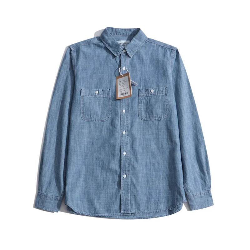Cămașă denim din bumbac pentru bărbați, mânecă lungă, croială relaxată, subțire, stil retro casual