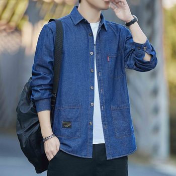 Cămașă bărbătească din denim din bumbac, mâneci lungi, buzunare multiple, stil Hong Kong, croială lejeră