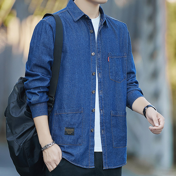 Cămașă bărbătească din denim din bumbac, mâneci lungi, buzunare multiple, stil Hong Kong, croială lejeră