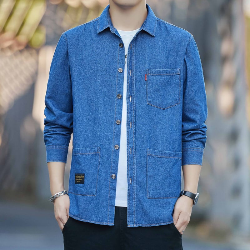 Cămașă bărbătească din denim din bumbac, mâneci lungi, buzunare multiple, stil Hong Kong, croială lejeră