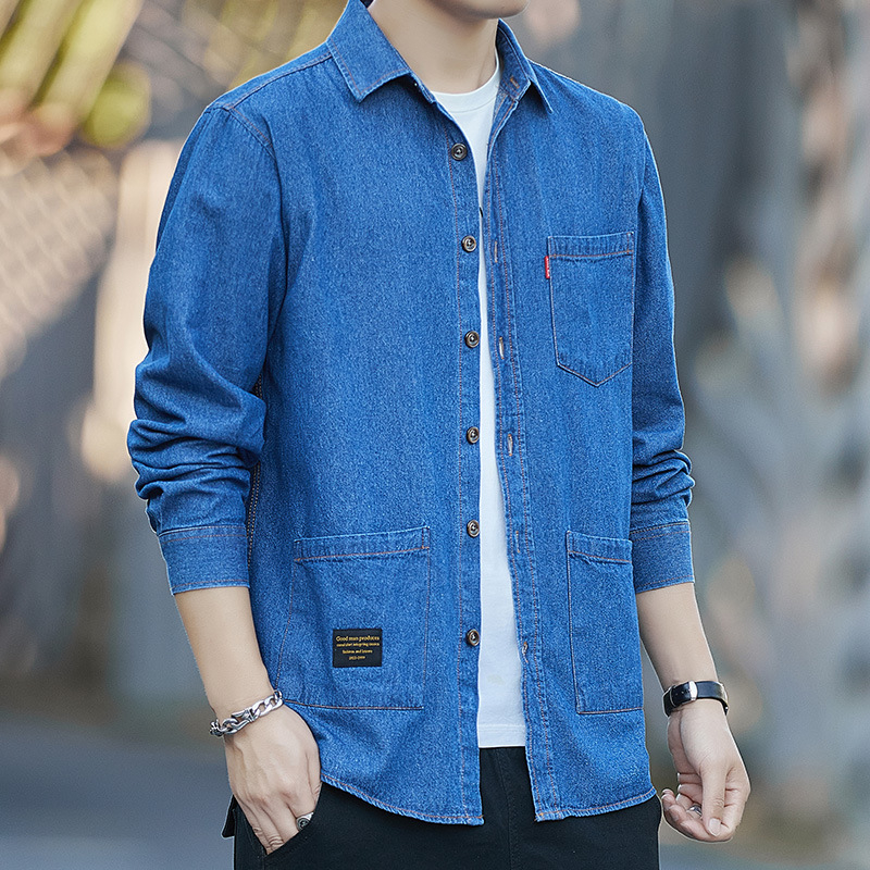 Cămașă bărbătească din denim din bumbac, mâneci lungi, buzunare multiple, stil Hong Kong, croială lejeră