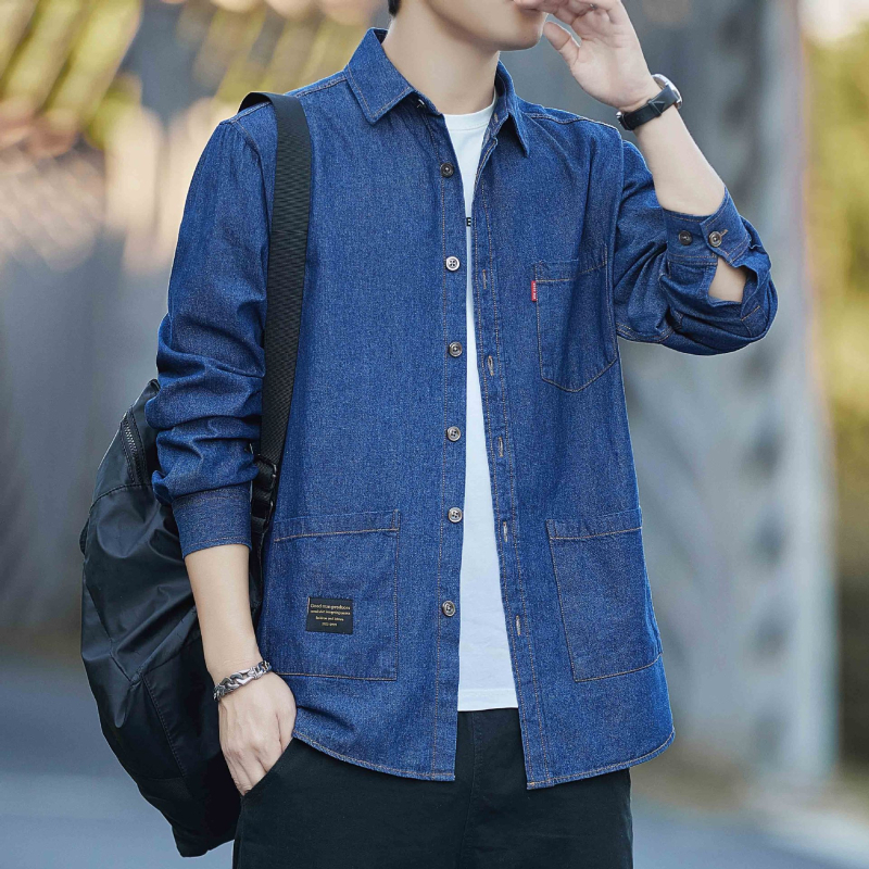 Cămașă bărbătească din denim din bumbac, mâneci lungi, buzunare multiple, stil Hong Kong, croială lejeră
