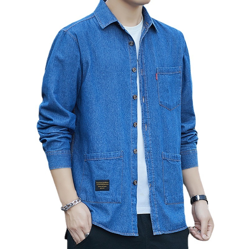 Cămașă bărbătească din denim din bumbac, mâneci lungi, buzunare multiple, stil Hong Kong, croială lejeră
