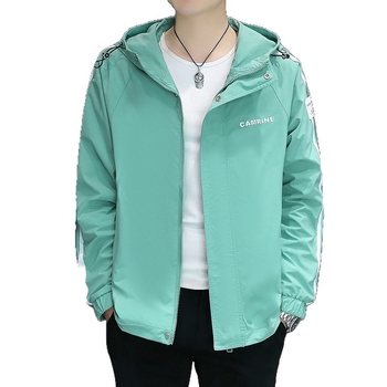 Jachetă bărbătească cu glugă pentru primăvară-toamnă, stil coreean, casual, croială lejeră, fermoar, guler înalt, culoare solidă, buzunare laterale, rezistent la vânt, uscare rapidă