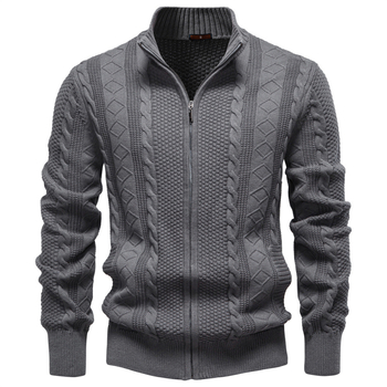 Cardigan masculin tricotat, cu fermoar și guler înalt, jacquard uni, pentru iarnă