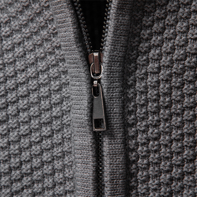 Cardigan masculin tricotat, cu fermoar și guler înalt, jacquard uni, pentru iarnă