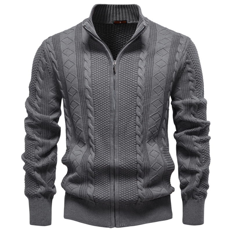 Cardigan masculin tricotat, cu fermoar și guler înalt, jacquard uni, pentru iarnă