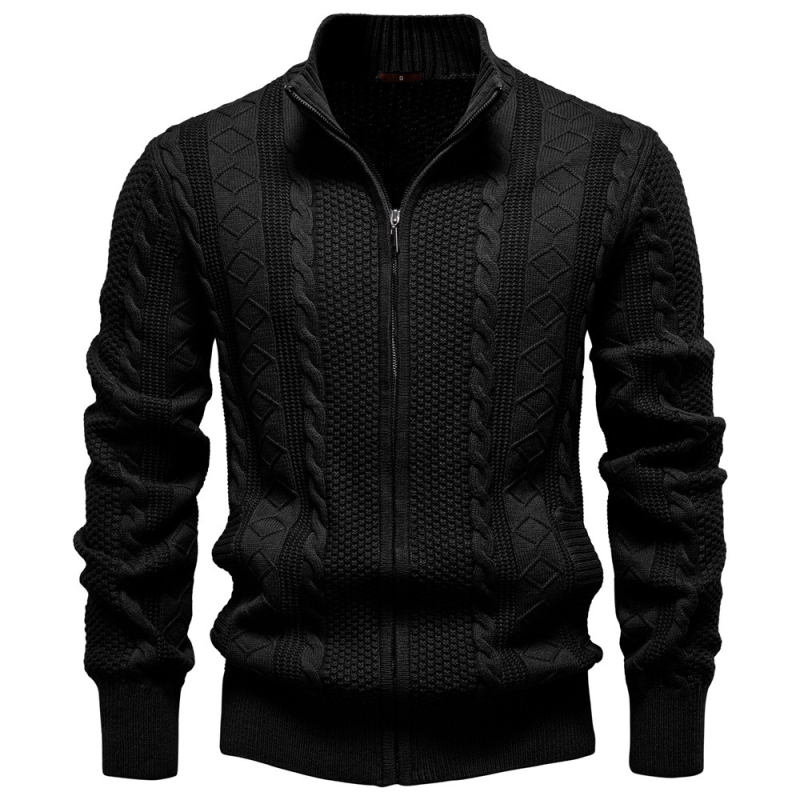 Cardigan masculin tricotat, cu fermoar și guler înalt, jacquard uni, pentru iarnă