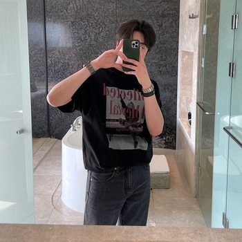 MYQ tricou bărbați cu mânecă scurtă, stil american retro high street, croială lejeră, 100% bumbac, vară