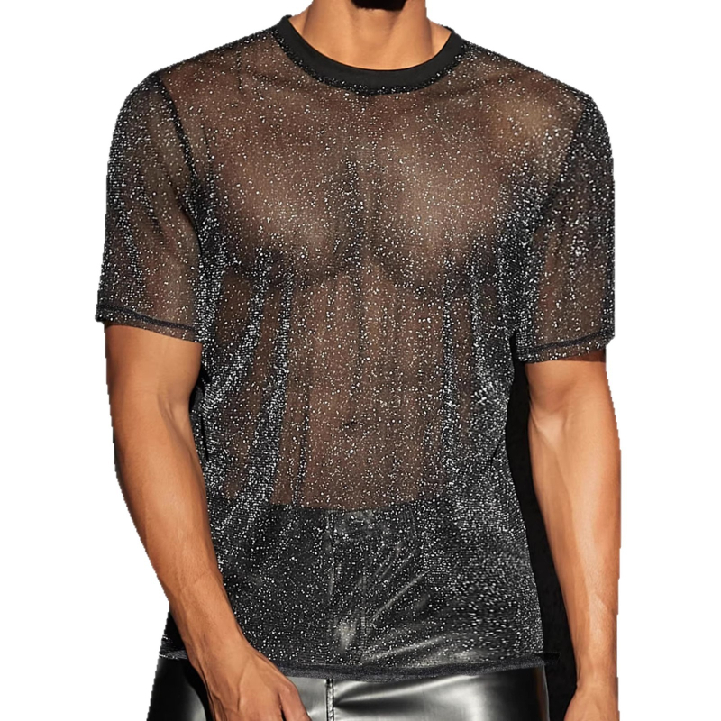 Ανδρικό κοντομάνικο T‑shirt από διαφανές δίχτυ με χρυσό γκλίτερ, κομψός, μοντέρνος σχεδιασμός, καλοκαίρι 2026