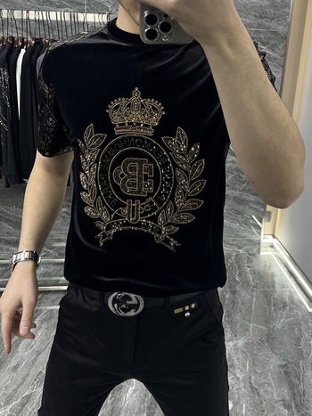 Χειμερινή ανδρική κοντομάνικη μπλούζα από χρυσό βελούδο, με στρας, μανίκια με σχέδιο λουλουδιών, casual με στρογγυλό λαιμό