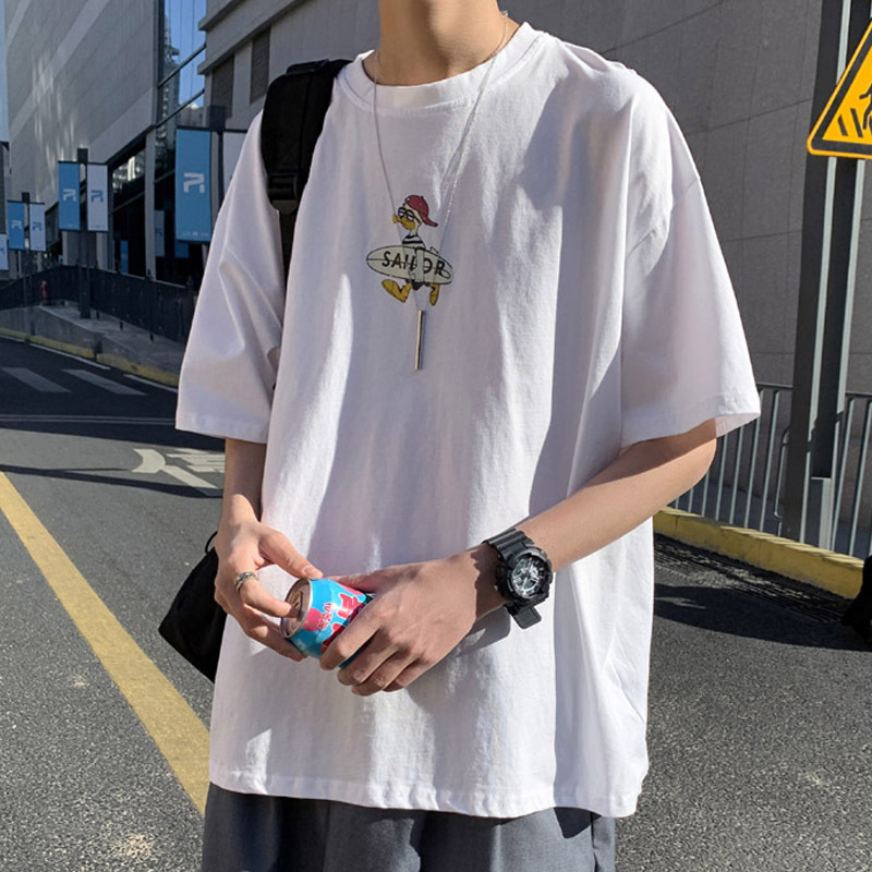 Ανδρική κοντομάνικη T‑shirt για καλοκαίρι, χαλαρή εφαρμογή, κορεατικό στυλ, εκτύπωση με καρτούν