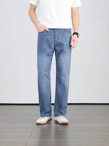 Pantaloni denim pentru bărbați, vară, croială dreaptă, subțiri, cu stretch ușor, respirabili și confortabili pentru piele