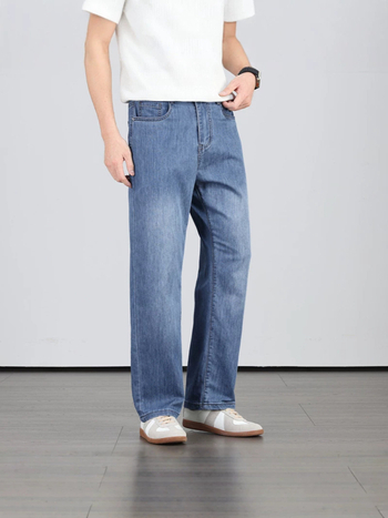 Pantaloni denim pentru bărbați, vară, croială dreaptă, subțiri, cu stretch ușor, respirabili și confortabili pentru piele
