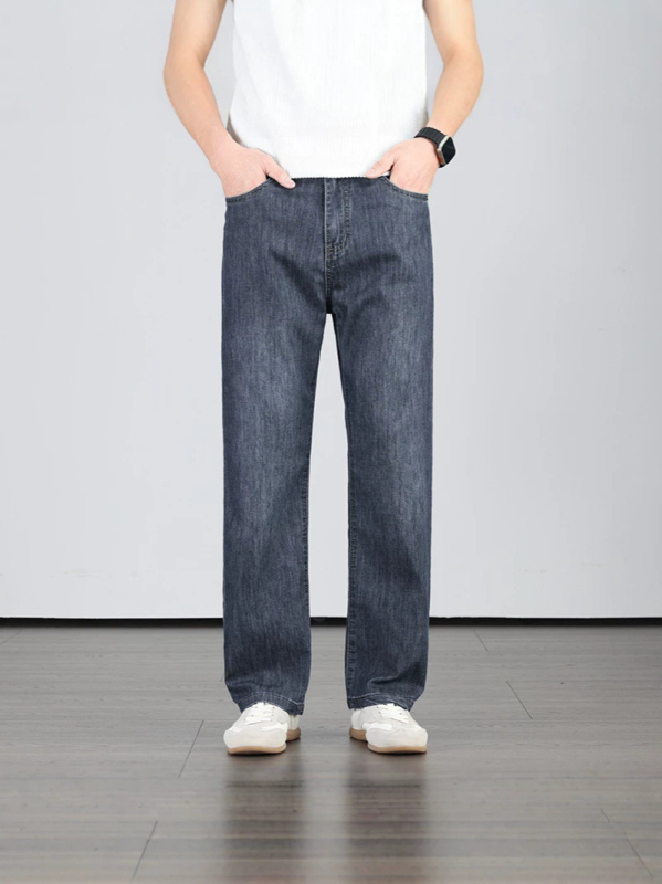Pantaloni denim pentru bărbați, vară, croială dreaptă, subțiri, cu stretch ușor, respirabili și confortabili pentru piele