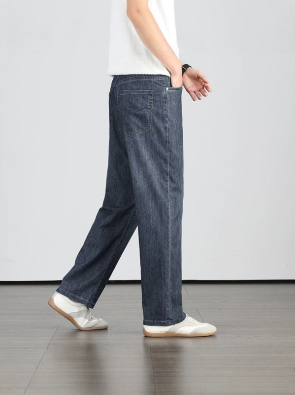 Pantaloni denim pentru bărbați, vară, croială dreaptă, subțiri, cu stretch ușor, respirabili și confortabili pentru piele