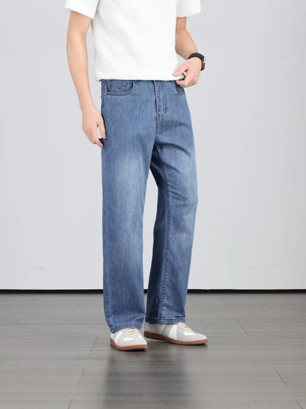 Pantaloni denim pentru bărbați, vară, croială dreaptă, subțiri, cu stretch ușor, respirabili și confortabili pentru piele