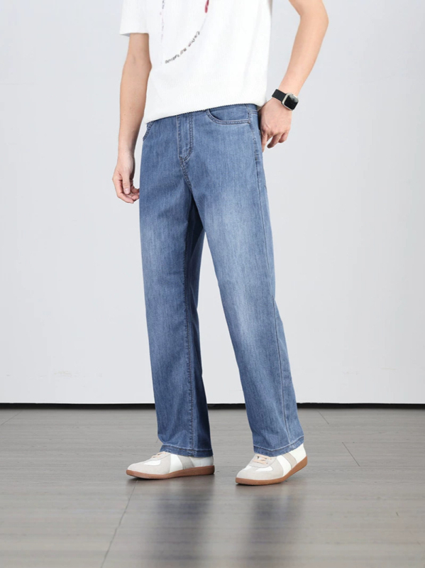 Pantaloni denim pentru bărbați, vară, croială dreaptă, subțiri, cu stretch ușor, respirabili și confortabili pentru piele