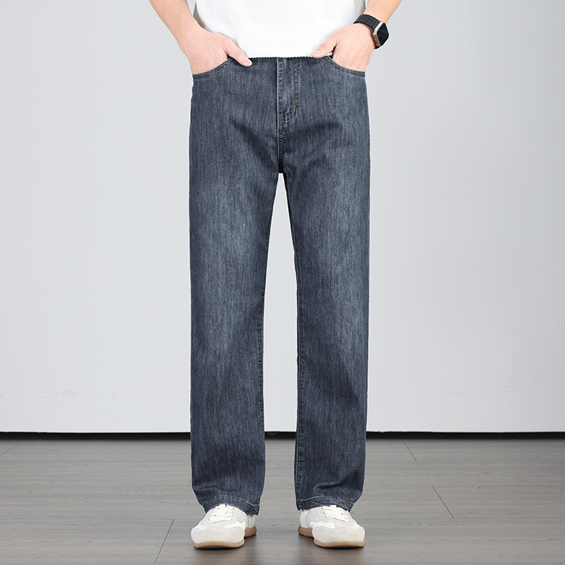 Pantaloni denim pentru bărbați, vară, croială dreaptă, subțiri, cu stretch ușor, respirabili și confortabili pentru piele