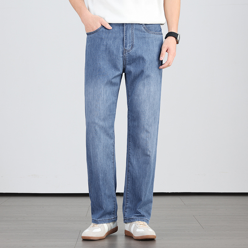 Pantaloni denim pentru bărbați, vară, croială dreaptă, subțiri, cu stretch ușor, respirabili și confortabili pentru piele