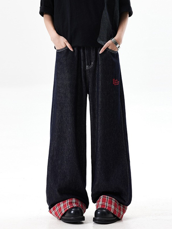 Jean din denim pentru bărbați, patchwork în carouri și tiv răsucit, croială lejeră, drepti