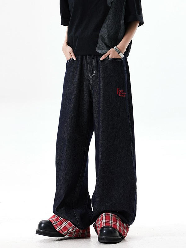 Jean din denim pentru bărbați, patchwork în carouri și tiv răsucit, croială lejeră, drepti