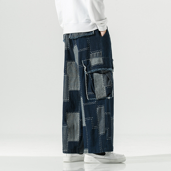 Pantaloni denim pentru bărbați cu croială dreaptă, patchwork, croială lejeră, mărime mare, blugi lungi pentru adolescenți și studenți
