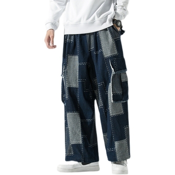 Pantaloni denim pentru bărbați cu croială dreaptă, patchwork, croială lejeră, mărime mare, blugi lungi pentru adolescenți și studenți