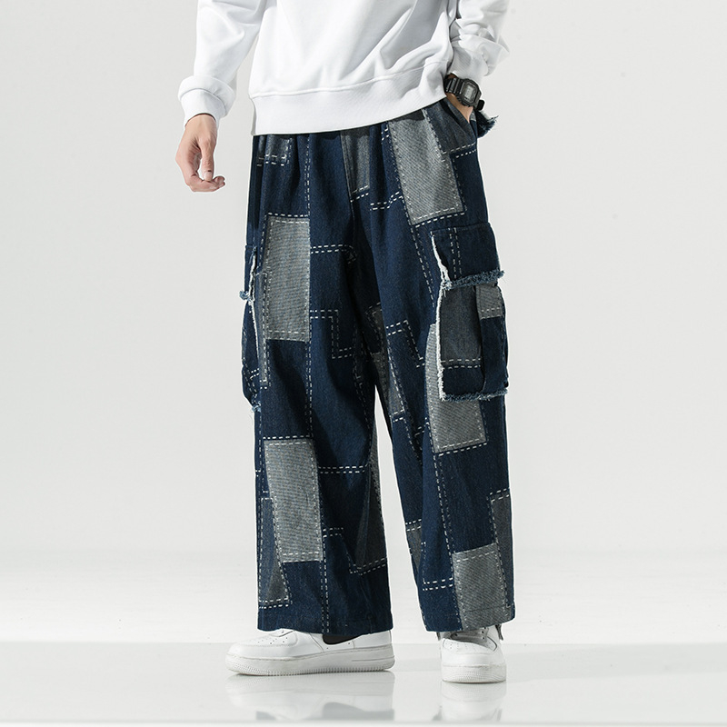 Pantaloni denim pentru bărbați cu croială dreaptă, patchwork, croială lejeră, mărime mare, blugi lungi pentru adolescenți și studenți