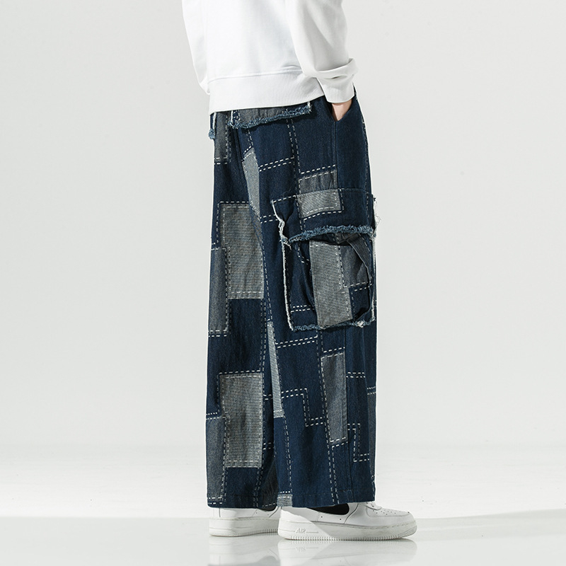 Pantaloni denim pentru bărbați cu croială dreaptă, patchwork, croială lejeră, mărime mare, blugi lungi pentru adolescenți și studenți