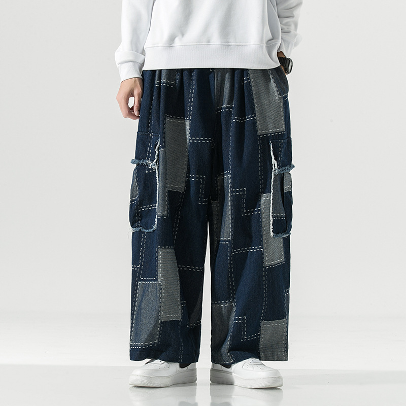 Pantaloni denim pentru bărbați cu croială dreaptă, patchwork, croială lejeră, mărime mare, blugi lungi pentru adolescenți și studenți