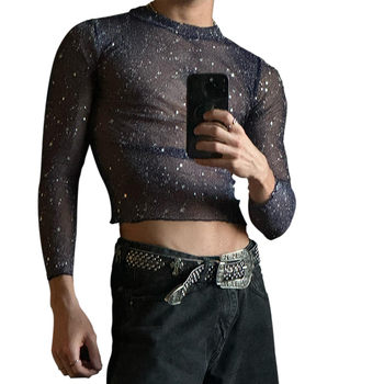 Tricou de bărbați slim-fit, mânecă lungă, mov, imprimeu geometric, guler înalt, material ușor.