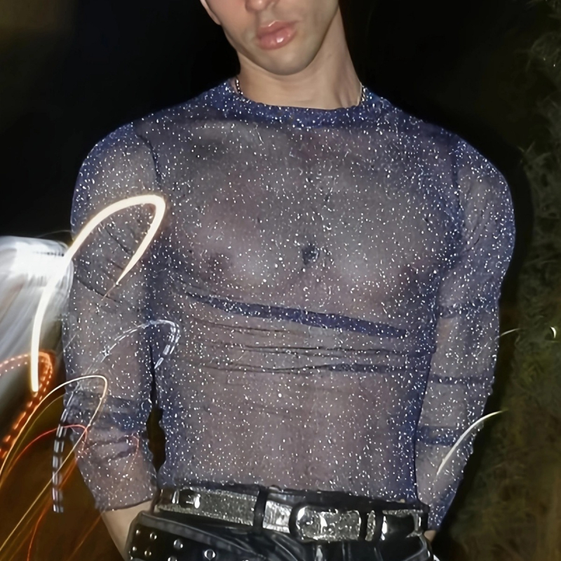 Tricou de bărbați slim-fit, mânecă lungă, mov, imprimeu geometric, guler înalt, material ușor.