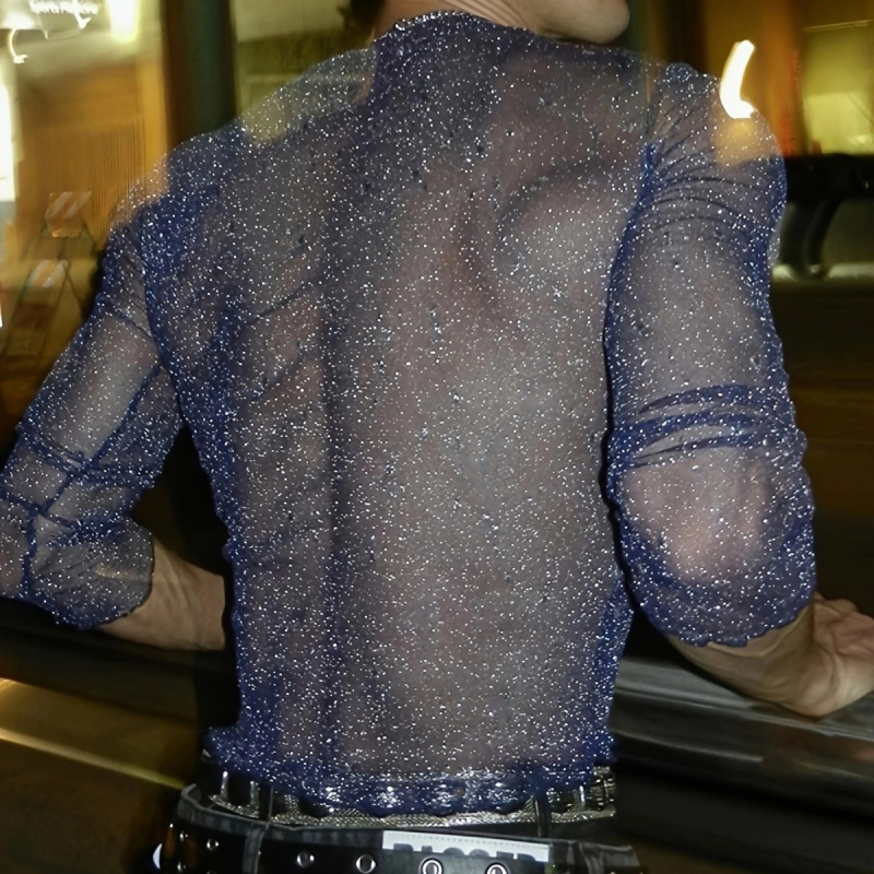 Tricou de bărbați slim-fit, mânecă lungă, mov, imprimeu geometric, guler înalt, material ușor.
