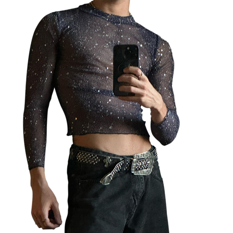 Tricou de bărbați slim-fit, mânecă lungă, mov, imprimeu geometric, guler înalt, material ușor.
