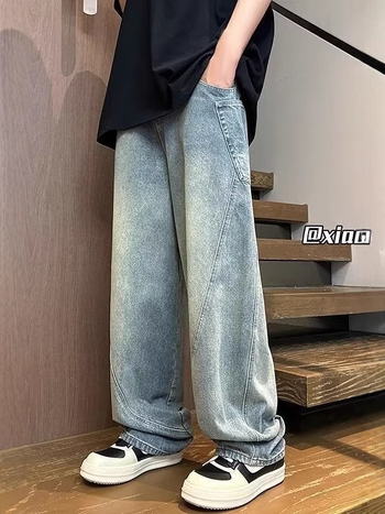 Blugi în stil american de lucru pentru bărbați, patchwork vintage spălate, croială lejeră, drepti și largi, pantaloni casual pentru primăvară și toamnă
