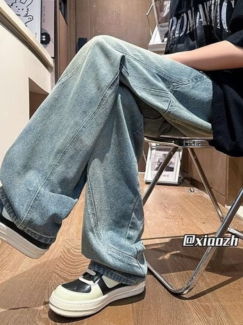 Blugi în stil american de lucru pentru bărbați, patchwork vintage spălate, croială lejeră, drepti și largi, pantaloni casual pentru primăvară și toamnă