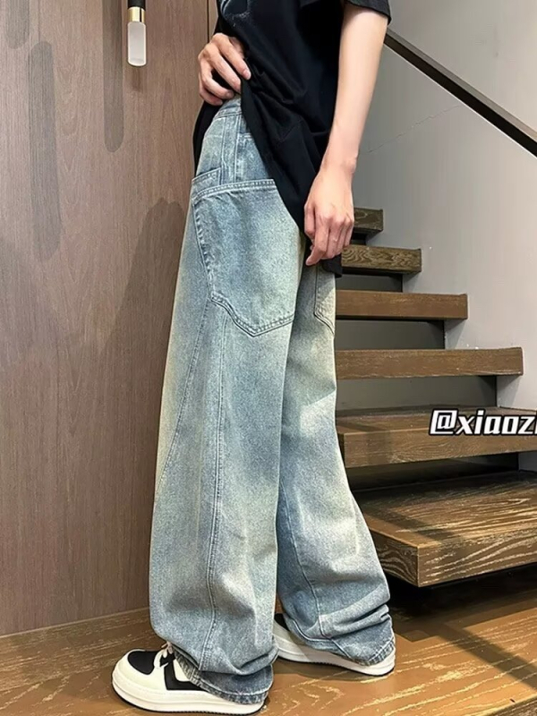 Blugi în stil american de lucru pentru bărbați, patchwork vintage spălate, croială lejeră, drepti și largi, pantaloni casual pentru primăvară și toamnă