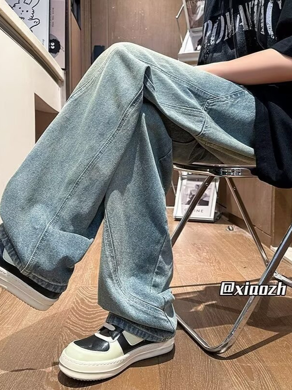 Blugi în stil american de lucru pentru bărbați, patchwork vintage spălate, croială lejeră, drepti și largi, pantaloni casual pentru primăvară și toamnă