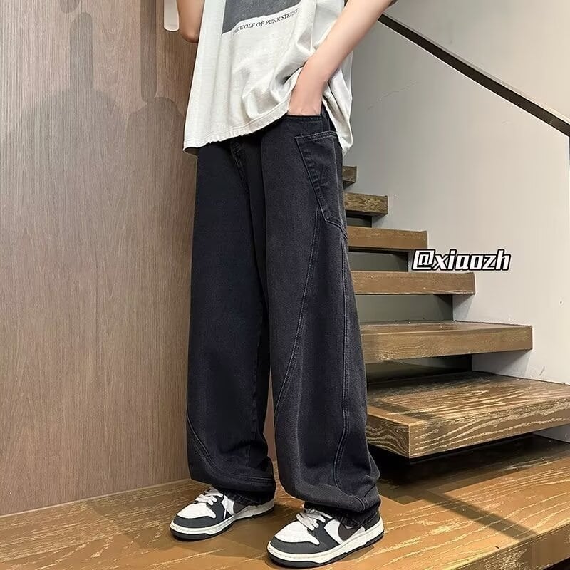 Blugi în stil american de lucru pentru bărbați, patchwork vintage spălate, croială lejeră, drepti și largi, pantaloni casual pentru primăvară și toamnă