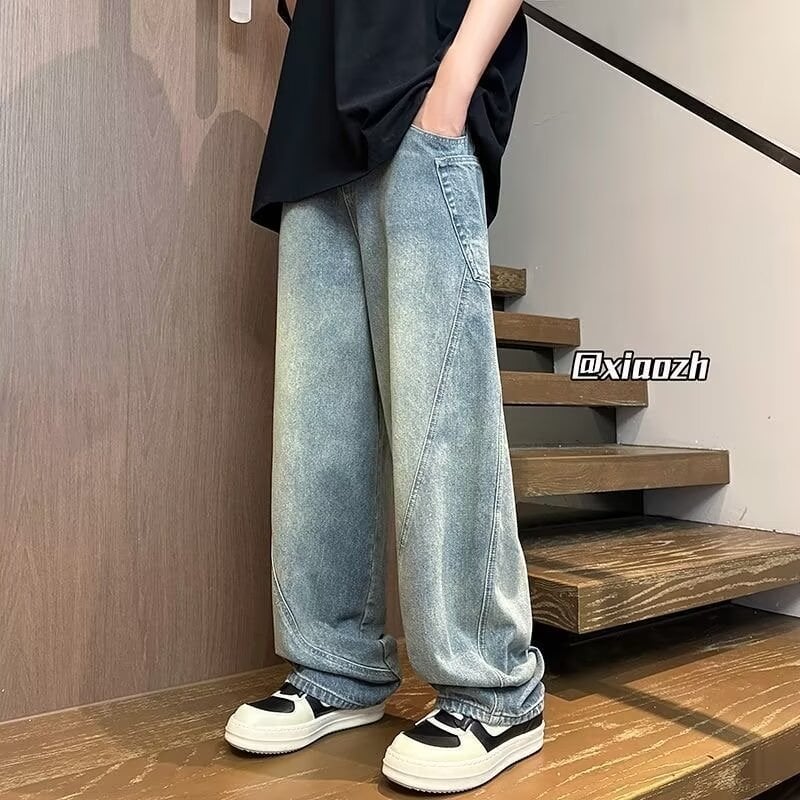 Blugi în stil american de lucru pentru bărbați, patchwork vintage spălate, croială lejeră, drepti și largi, pantaloni casual pentru primăvară și toamnă