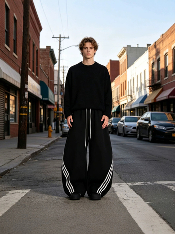 Pantaloni sport pentru bărbați, cu trei dungi, material greu, margine curbată, croială largă, casual pentru toamnă