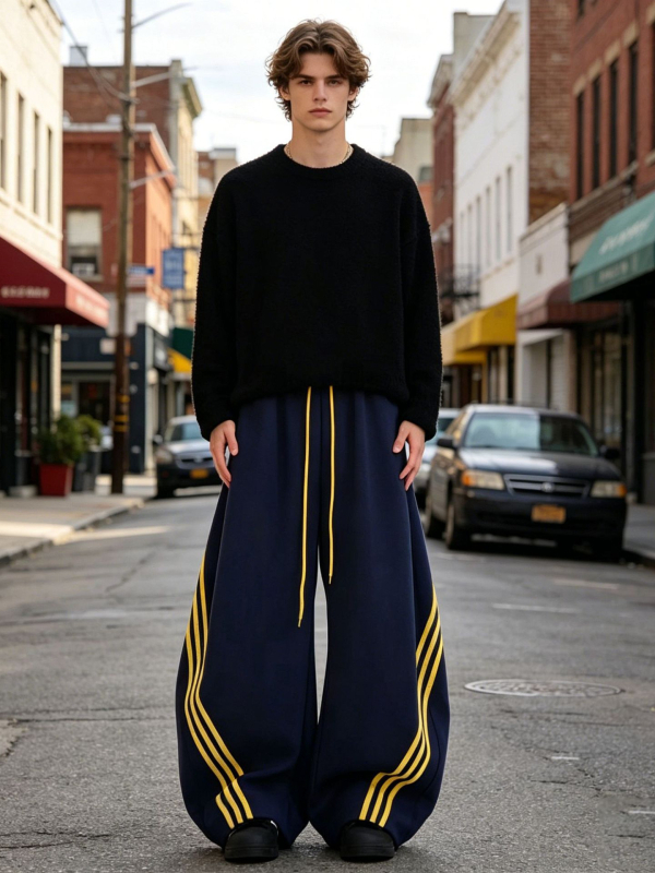 Pantaloni sport pentru bărbați, cu trei dungi, material greu, margine curbată, croială largă, casual pentru toamnă