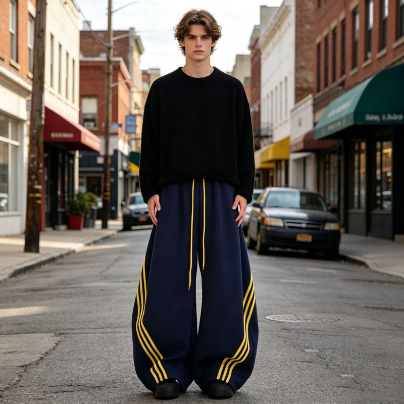 Pantaloni sport pentru bărbați, cu trei dungi, material greu, margine curbată, croială largă, casual pentru toamnă