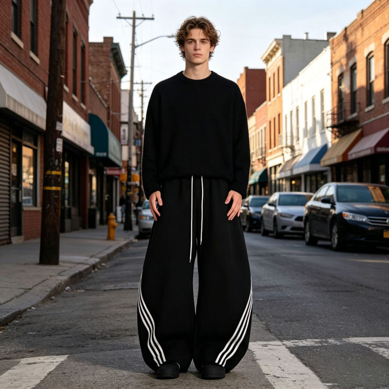 Pantaloni sport pentru bărbați, cu trei dungi, material greu, margine curbată, croială largă, casual pentru toamnă