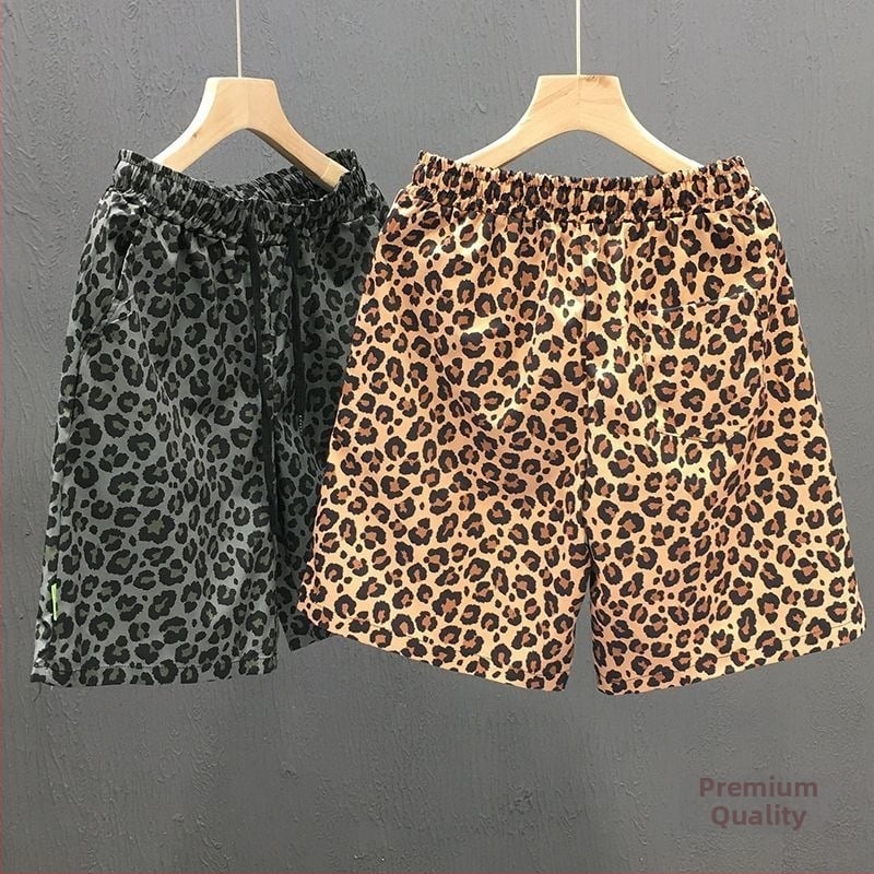 Pánske rýchloschnúce šortky s leopardím vzorom v americkom štýle, priedušné, voľného strihu na leto.