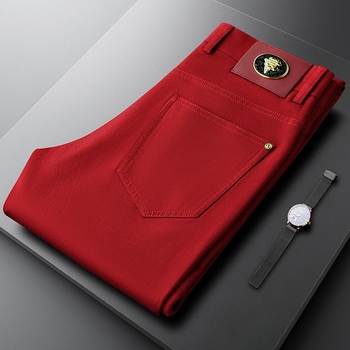 Blugi casual roșii pentru bărbați, croială Slim, material elastic, picioare drepte, modă de toamnă pentru purtare zilnică