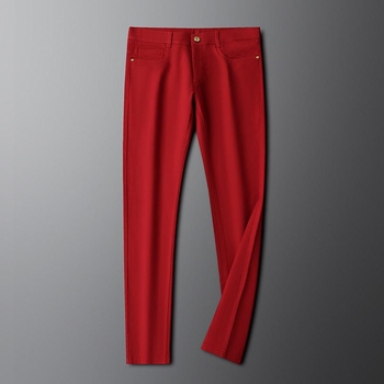 Blugi casual roșii pentru bărbați, croială Slim, material elastic, picioare drepte, modă de toamnă pentru purtare zilnică